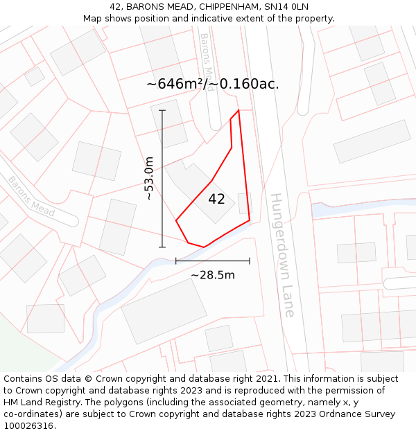 42, BARONS MEAD, CHIPPENHAM, SN14 0LN: Plot and title map