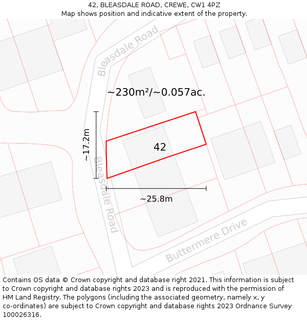 42, BLEASDALE ROAD, CREWE, CW1 4PZ: Plot and title map