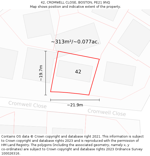 42, CROMWELL CLOSE, BOSTON, PE21 9NQ: Plot and title map