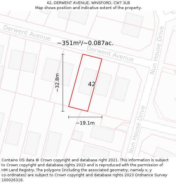 42, DERWENT AVENUE, WINSFORD, CW7 3LB: Plot and title map