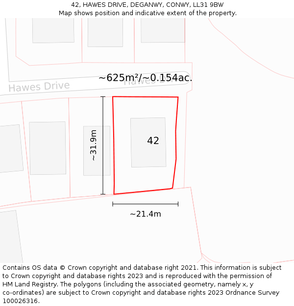 42, HAWES DRIVE, DEGANWY, CONWY, LL31 9BW: Plot and title map