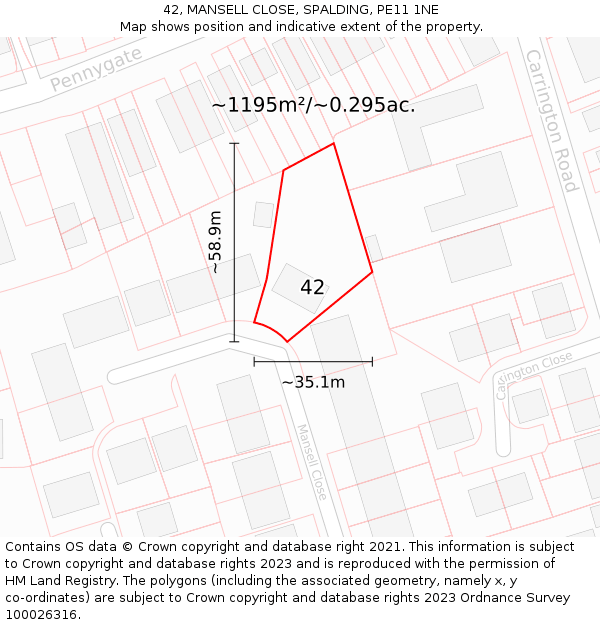 42, MANSELL CLOSE, SPALDING, PE11 1NE: Plot and title map