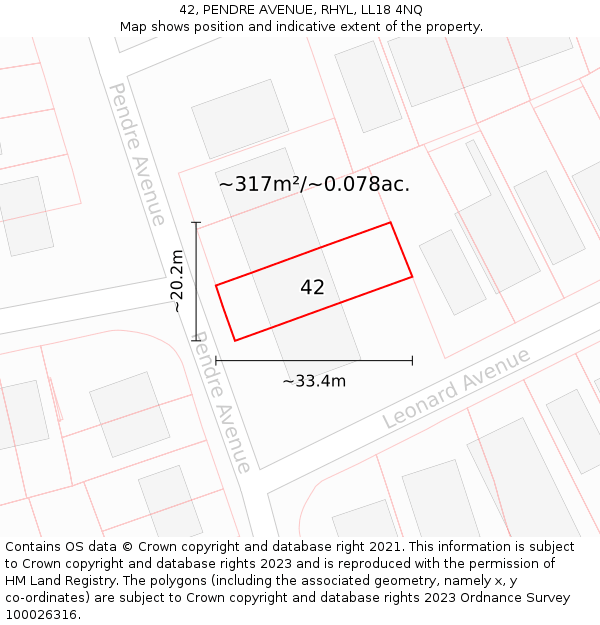 42, PENDRE AVENUE, RHYL, LL18 4NQ: Plot and title map