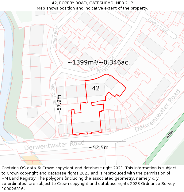 42, ROPERY ROAD, GATESHEAD, NE8 2HP: Plot and title map