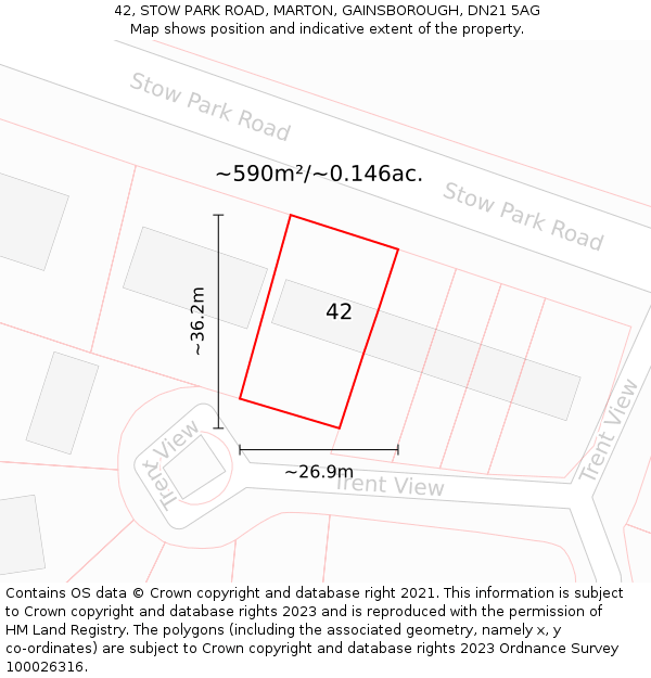 42, STOW PARK ROAD, MARTON, GAINSBOROUGH, DN21 5AG: Plot and title map