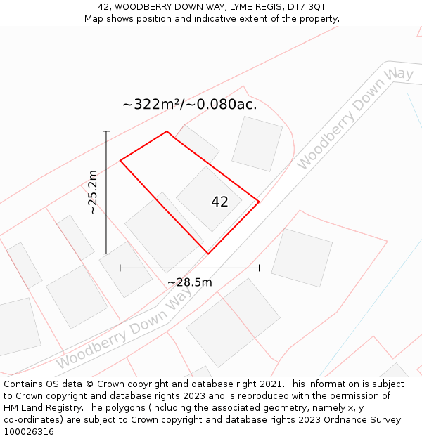 42, WOODBERRY DOWN WAY, LYME REGIS, DT7 3QT: Plot and title map