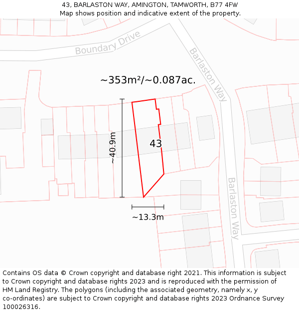 43, BARLASTON WAY, AMINGTON, TAMWORTH, B77 4FW: Plot and title map