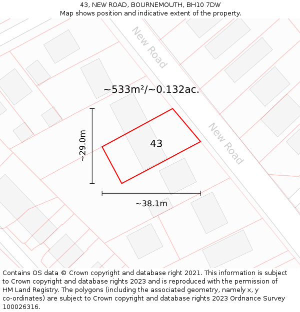 43, NEW ROAD, BOURNEMOUTH, BH10 7DW: Plot and title map