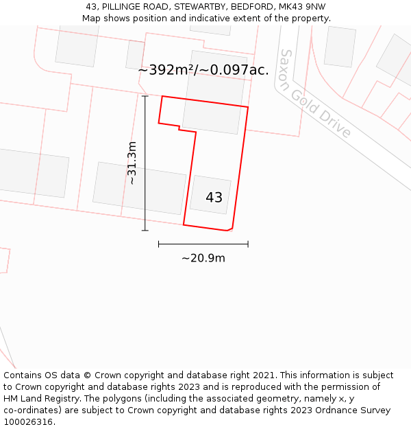 43, PILLINGE ROAD, STEWARTBY, BEDFORD, MK43 9NW: Plot and title map