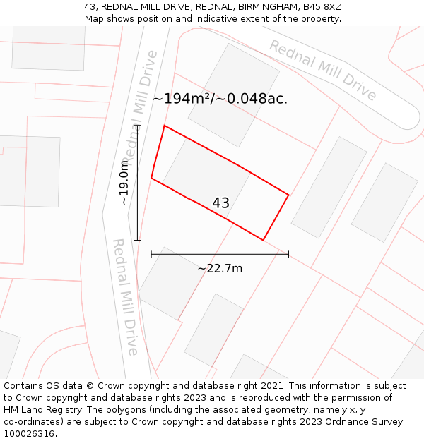 43, REDNAL MILL DRIVE, REDNAL, BIRMINGHAM, B45 8XZ: Plot and title map