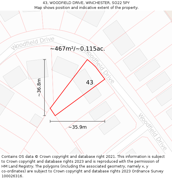 43, WOODFIELD DRIVE, WINCHESTER, SO22 5PY: Plot and title map