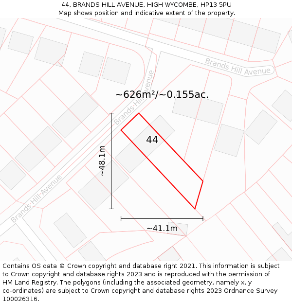 44, BRANDS HILL AVENUE, HIGH WYCOMBE, HP13 5PU: Plot and title map