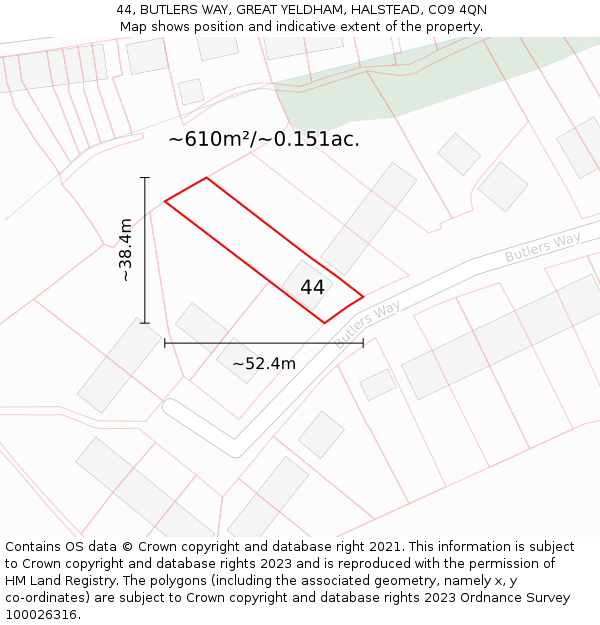 44, BUTLERS WAY, GREAT YELDHAM, HALSTEAD, CO9 4QN: Plot and title map