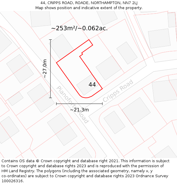 44, CRIPPS ROAD, ROADE, NORTHAMPTON, NN7 2LJ: Plot and title map