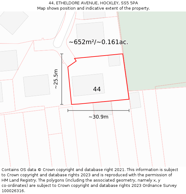 44, ETHELDORE AVENUE, HOCKLEY, SS5 5PA: Plot and title map