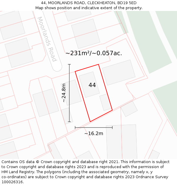 44, MOORLANDS ROAD, CLECKHEATON, BD19 5ED: Plot and title map