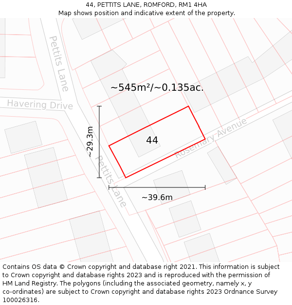 44, PETTITS LANE, ROMFORD, RM1 4HA: Plot and title map