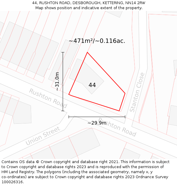 44, RUSHTON ROAD, DESBOROUGH, KETTERING, NN14 2RW: Plot and title map