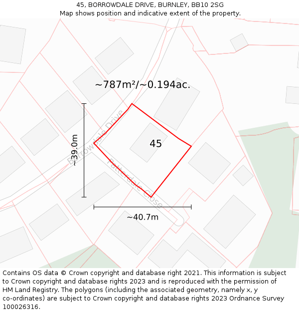 45, BORROWDALE DRIVE, BURNLEY, BB10 2SG: Plot and title map