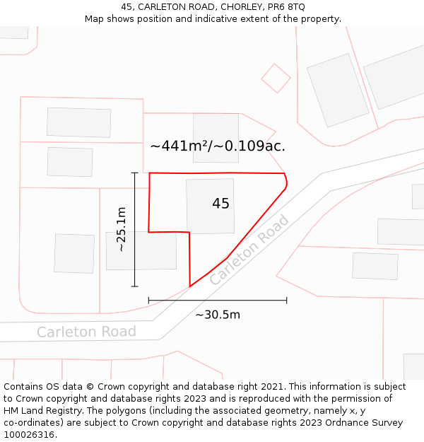 45, CARLETON ROAD, CHORLEY, PR6 8TQ: Plot and title map