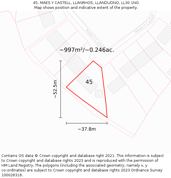 45, MAES Y CASTELL, LLANRHOS, LLANDUDNO, LL30 1NG: Plot and title map