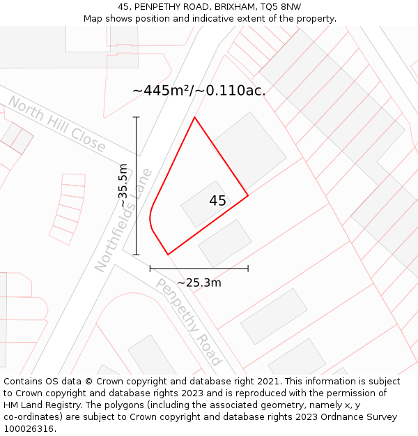 45, PENPETHY ROAD, BRIXHAM, TQ5 8NW: Plot and title map