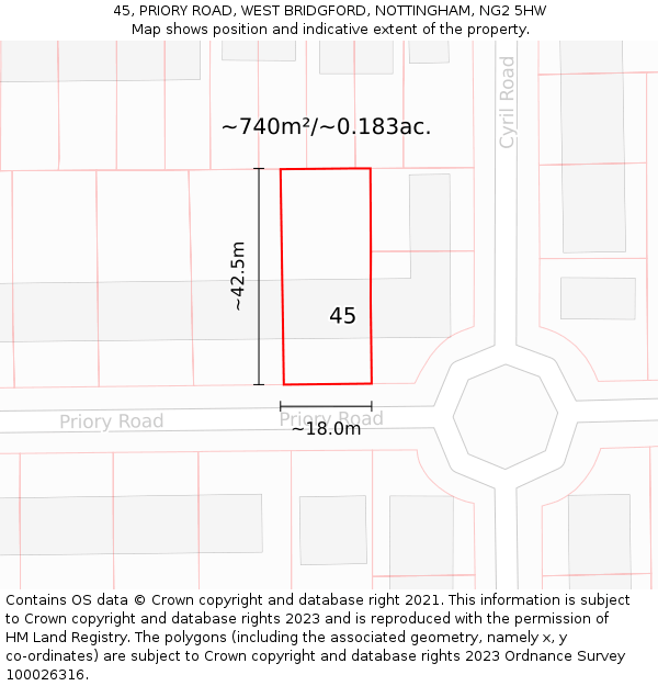 45, PRIORY ROAD, WEST BRIDGFORD, NOTTINGHAM, NG2 5HW: Plot and title map