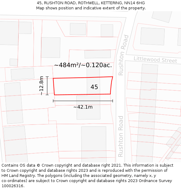 45, RUSHTON ROAD, ROTHWELL, KETTERING, NN14 6HG: Plot and title map