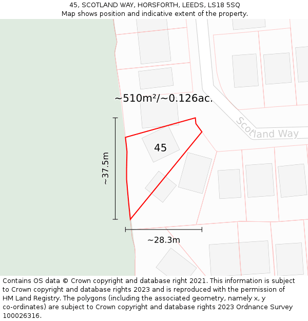 45, SCOTLAND WAY, HORSFORTH, LEEDS, LS18 5SQ: Plot and title map