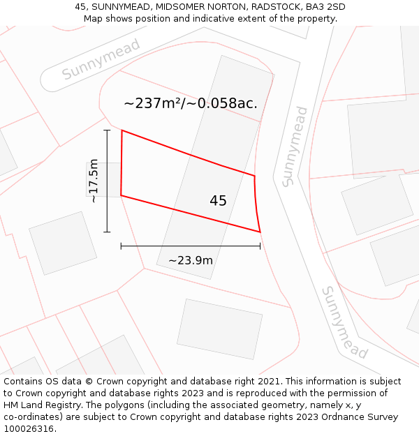 45, SUNNYMEAD, MIDSOMER NORTON, RADSTOCK, BA3 2SD: Plot and title map