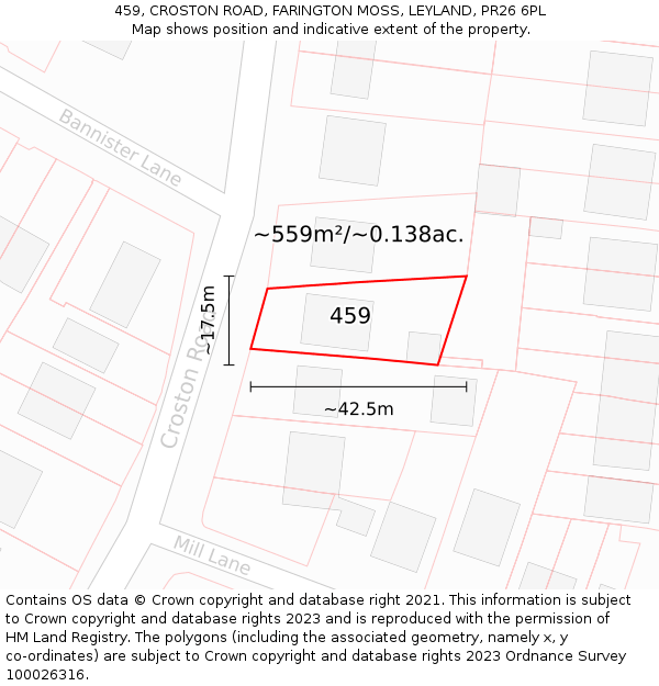 459, CROSTON ROAD, FARINGTON MOSS, LEYLAND, PR26 6PL: Plot and title map