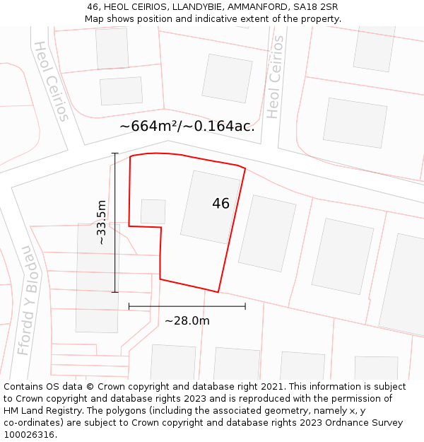 46, HEOL CEIRIOS, LLANDYBIE, AMMANFORD, SA18 2SR: Plot and title map