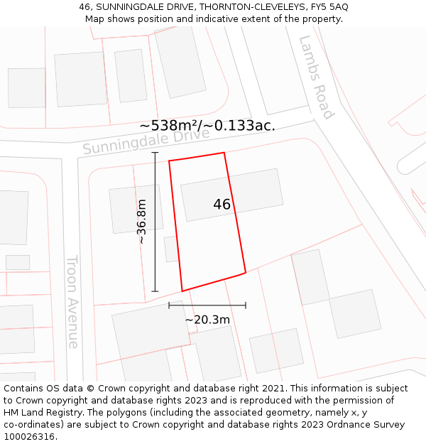 46, SUNNINGDALE DRIVE, THORNTON-CLEVELEYS, FY5 5AQ: Plot and title map