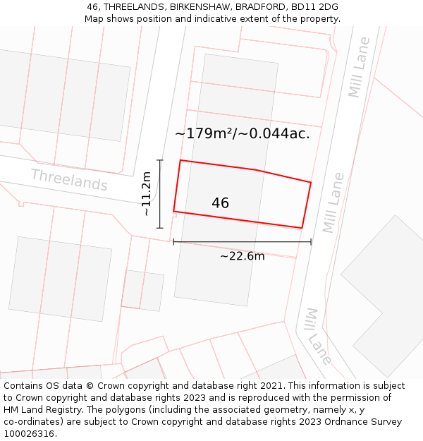 46, THREELANDS, BIRKENSHAW, BRADFORD, BD11 2DG: Plot and title map