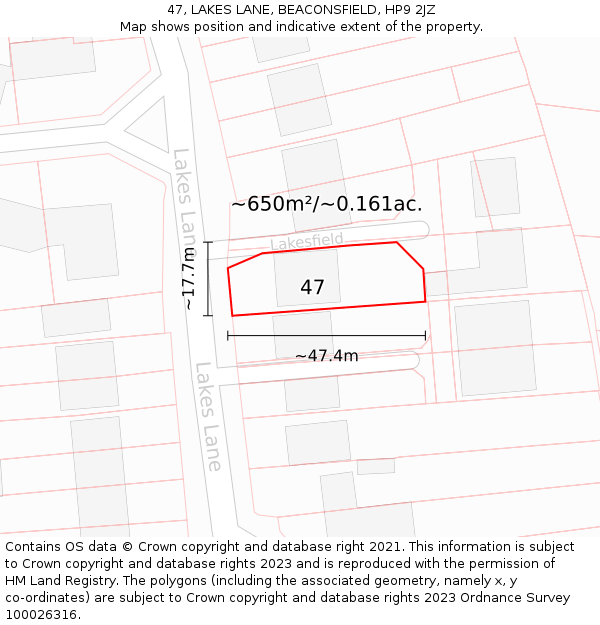 47, LAKES LANE, BEACONSFIELD, HP9 2JZ: Plot and title map