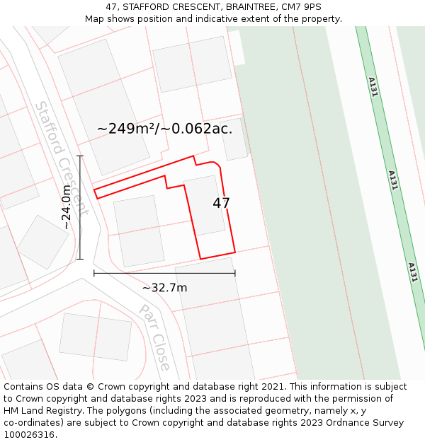 47, STAFFORD CRESCENT, BRAINTREE, CM7 9PS: Plot and title map