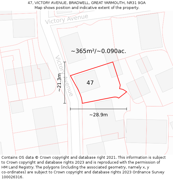 47, VICTORY AVENUE, BRADWELL, GREAT YARMOUTH, NR31 9GA: Plot and title map