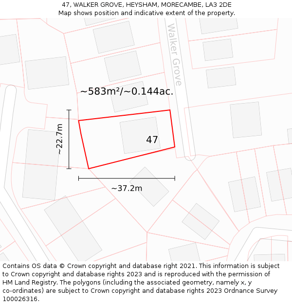 47, WALKER GROVE, HEYSHAM, MORECAMBE, LA3 2DE: Plot and title map