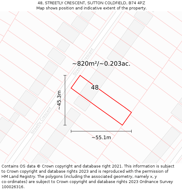 48, STREETLY CRESCENT, SUTTON COLDFIELD, B74 4PZ: Plot and title map