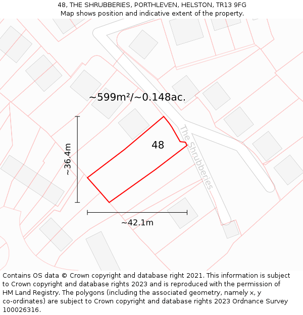 48, THE SHRUBBERIES, PORTHLEVEN, HELSTON, TR13 9FG: Plot and title map