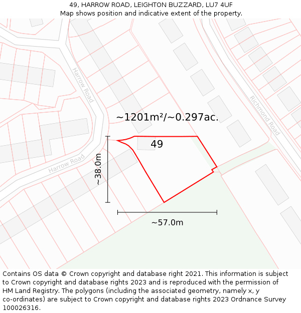 49, HARROW ROAD, LEIGHTON BUZZARD, LU7 4UF: Plot and title map