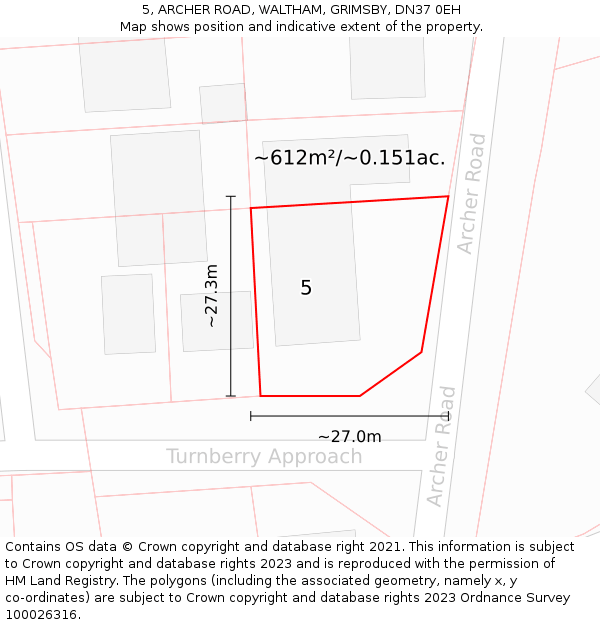 5, ARCHER ROAD, WALTHAM, GRIMSBY, DN37 0EH: Plot and title map