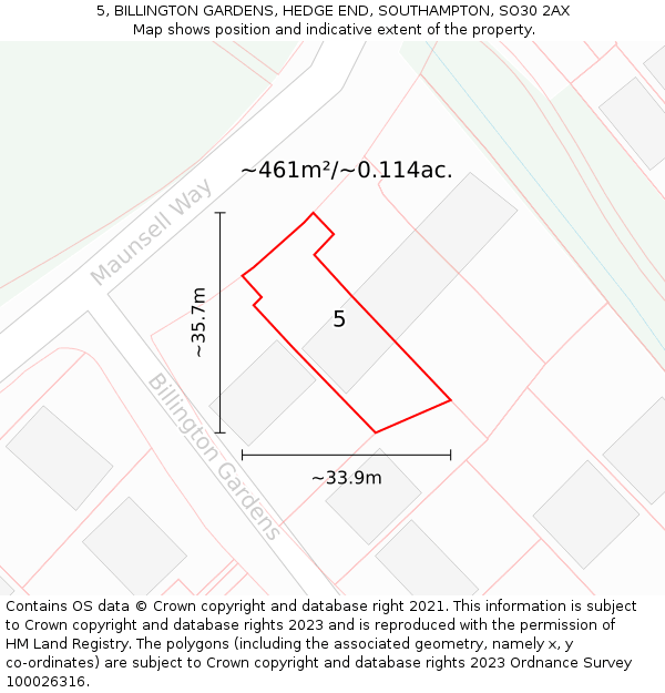 5, BILLINGTON GARDENS, HEDGE END, SOUTHAMPTON, SO30 2AX: Plot and title map