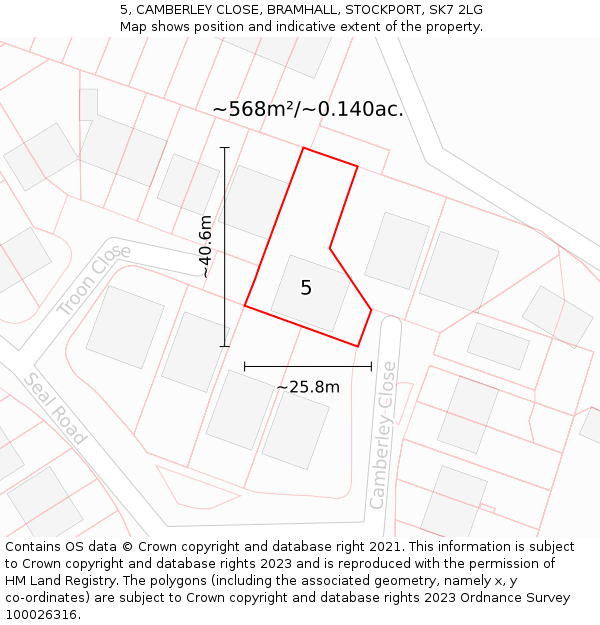 5, CAMBERLEY CLOSE, BRAMHALL, STOCKPORT, SK7 2LG: Plot and title map