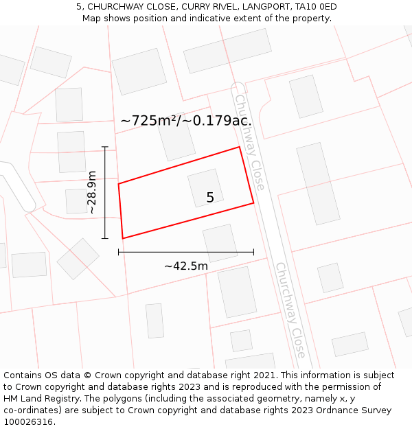 5, CHURCHWAY CLOSE, CURRY RIVEL, LANGPORT, TA10 0ED: Plot and title map