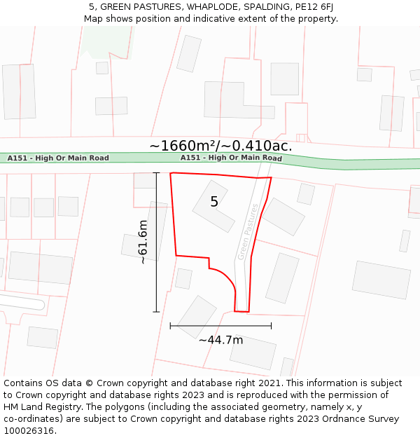 5, GREEN PASTURES, WHAPLODE, SPALDING, PE12 6FJ: Plot and title map