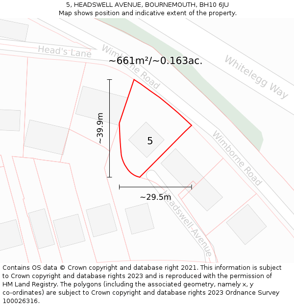 5, HEADSWELL AVENUE, BOURNEMOUTH, BH10 6JU: Plot and title map