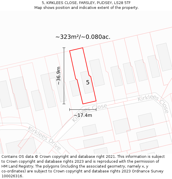 5, KIRKLEES CLOSE, FARSLEY, PUDSEY, LS28 5TF: Plot and title map