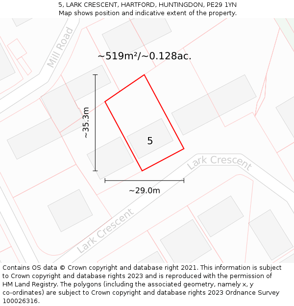 5, LARK CRESCENT, HARTFORD, HUNTINGDON, PE29 1YN: Plot and title map