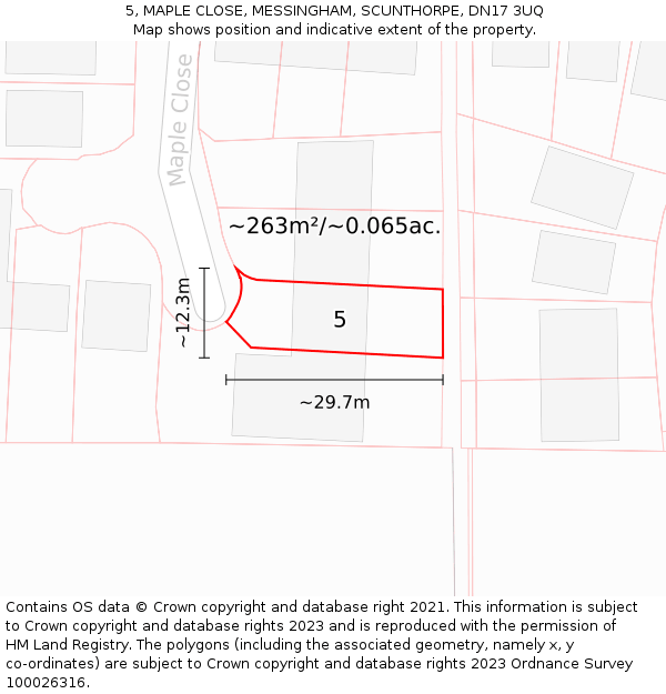 5, MAPLE CLOSE, MESSINGHAM, SCUNTHORPE, DN17 3UQ: Plot and title map